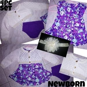 Newborn 4PC Cat&Jack Dress, Cardigan, Cover & Bow